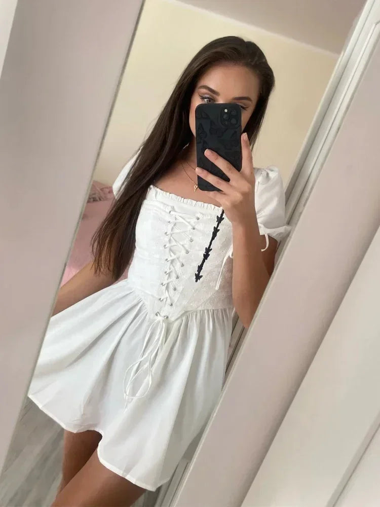 Summer Blue Puff Sleeve Corset Dress Mini Elegant A Line Lace Up Holiday Party Dress Square Neck Women Dress 2023
