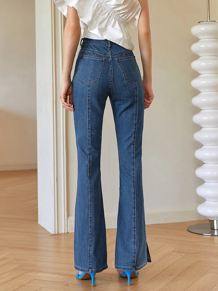 Fashion Skinny Denim Flare Pants For Women High Waist Solid Minimalist Side Split Jeans Female Clothing Spring