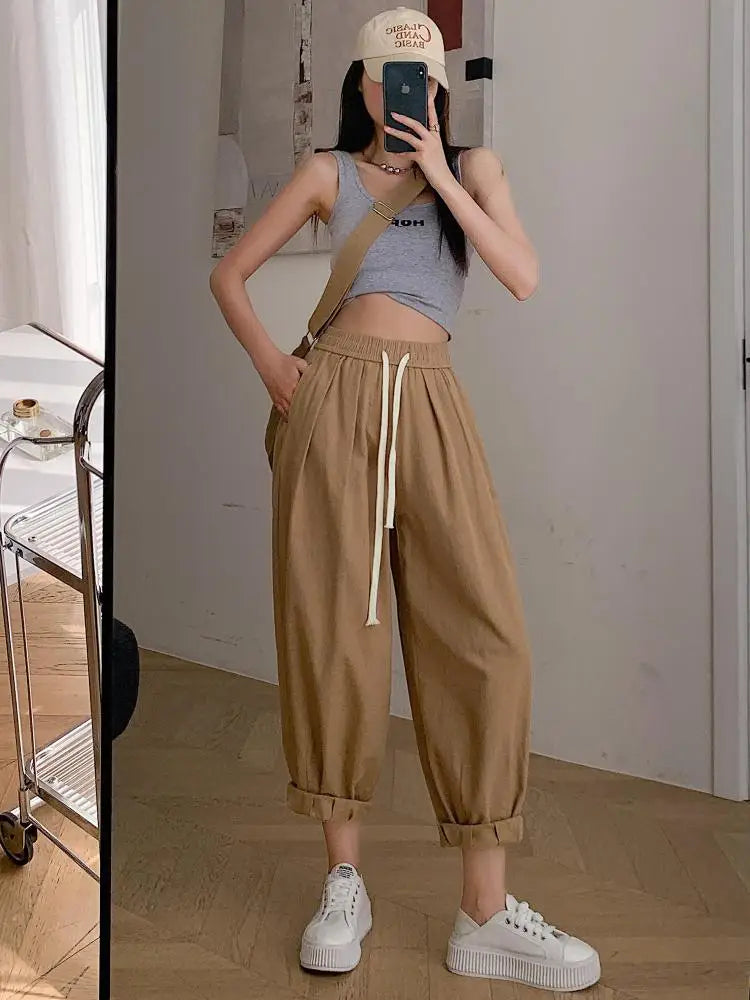 Black White High Waist Big Size Drawstring Harem Ankle-length Pant Women Spring Summer Brown Baggy Korean Casual Sweatpants New