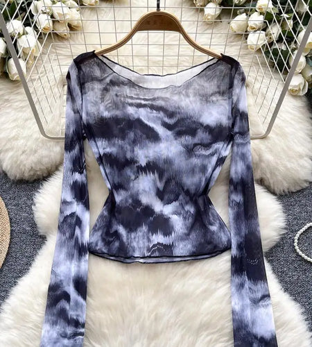 Vintage Black Tie Dye Elegant Slim Long Sleeved T-shirt For Women 2024 Spring Autumn New Vacation Versatile Tops Trendy Fashion