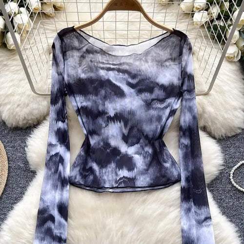 Load image into Gallery viewer, Vintage Black Tie Dye Elegant Slim Long Sleeved T-shirt For Women 2024 Spring Autumn New Vacation Versatile Tops Trendy Fashion
