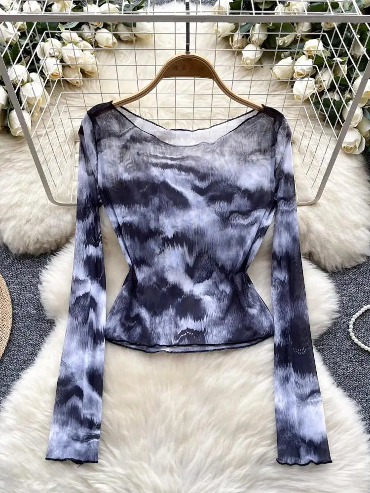 Vintage Black Tie Dye Elegant Slim Long Sleeved T-shirt For Women 2024 Spring Autumn New Vacation Versatile Tops Trendy Fashion