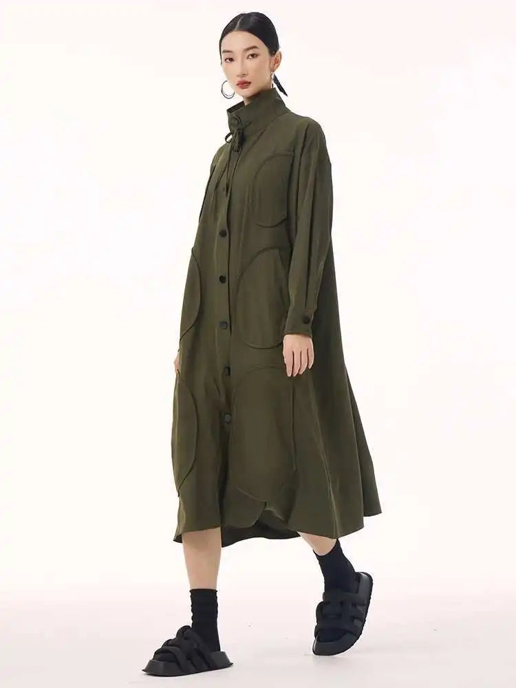 Women Army Green Patch Drawstring Big Size Midi Dress New Stand Collar Long Sleeve Fashion Tide Spring Autumn 2025 1DH9211
