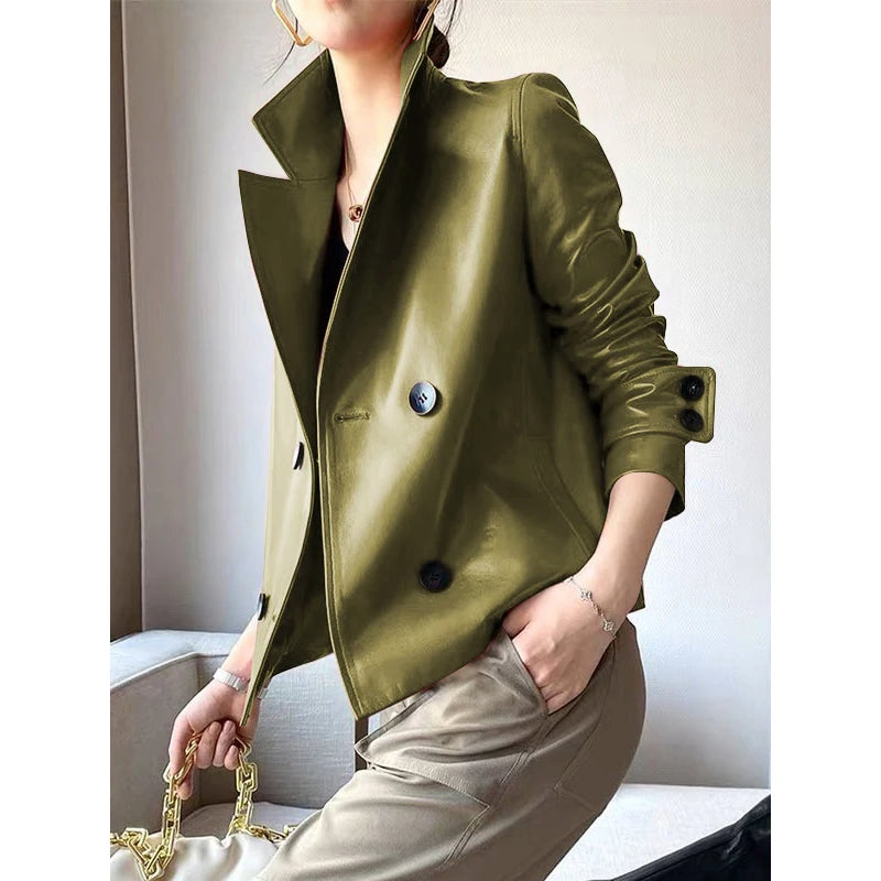 Autumn Winter Green Faux Leather Jackets Women 2024 New Outwear Long Sleeves PU Leather Short Coats Outwear for Female