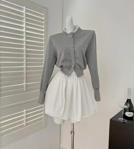Autumn Winter Women's Fashion Grey Single Breasted Long Sleeves Cardigan Tops And High Waist Pleated Mini Skirts Two-piece Sets