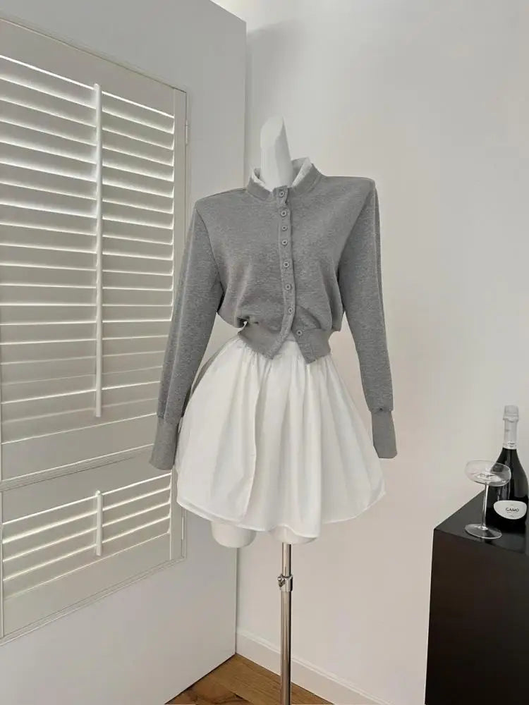 Autumn Winter Women's Fashion Grey Single Breasted Long Sleeves Cardigan Tops And High Waist Pleated Mini Skirts Two-piece Sets