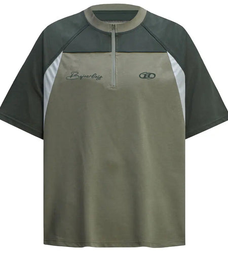 Men T-Shirt Y2K Embroidered Patchwork Half Zip Up Sport Racing Tshirt Streetwear Harajuku Hip Hop Casual Baggy Urban Top Tee