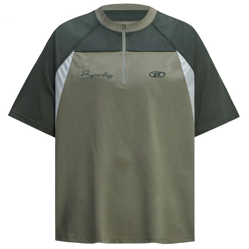 Men T-Shirt Y2K Embroidered Patchwork Half Zip Up Sport Racing Tshirt Streetwear Harajuku Hip Hop Casual Baggy Urban Top Tee