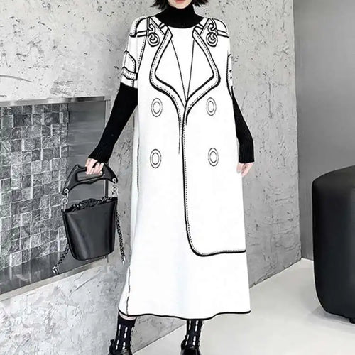 Load image into Gallery viewer, Women Black Pattern Both Side Wear Big Size Sweater Dress New Turtleneck Long Sleeve Fashion Spring Autumn 2025 1DH8332
