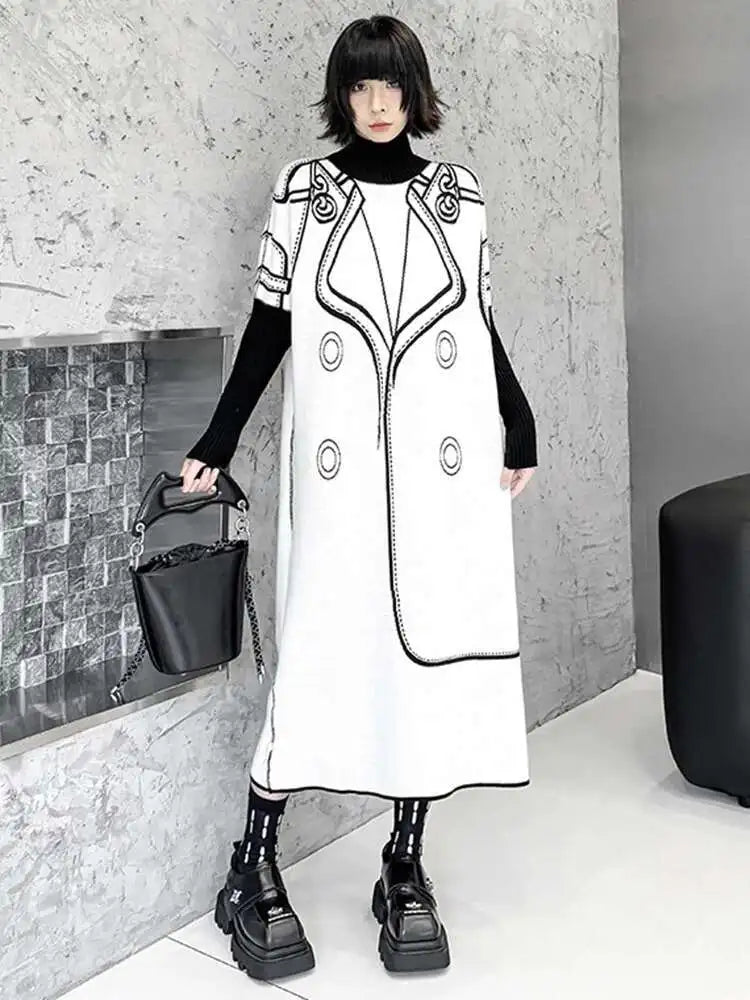 Women Black Pattern Both Side Wear Big Size Sweater Dress New Turtleneck Long Sleeve Fashion Spring Autumn 2025 1DH8332