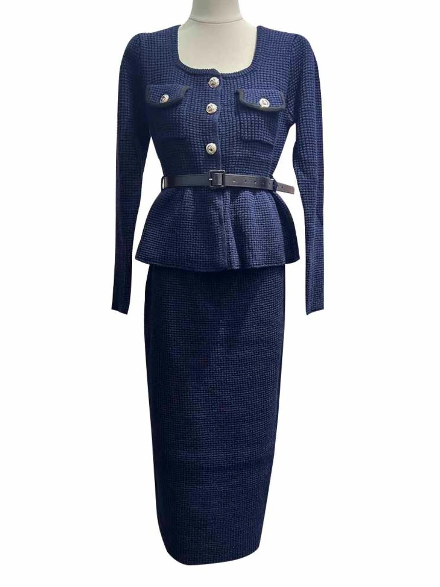 Temperament Knit Two Oiece Sets for Women Square Neck Long Sleeves Spliced Button Top High Waist Skirt Set Female