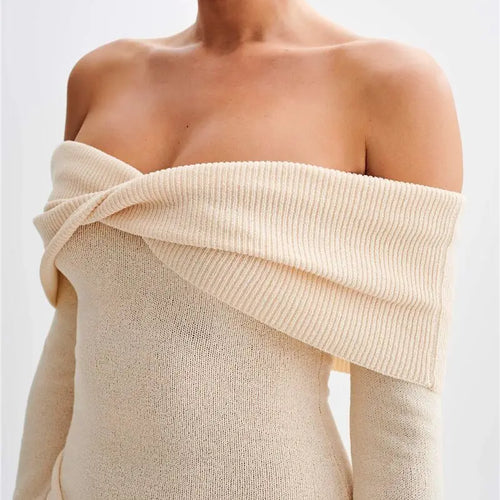 Load image into Gallery viewer, Off-shoulder Knit Mini Dress For Women Autumn Winter New Strapless Backless Long Sleeve Ruched Draped Knitted Dress
