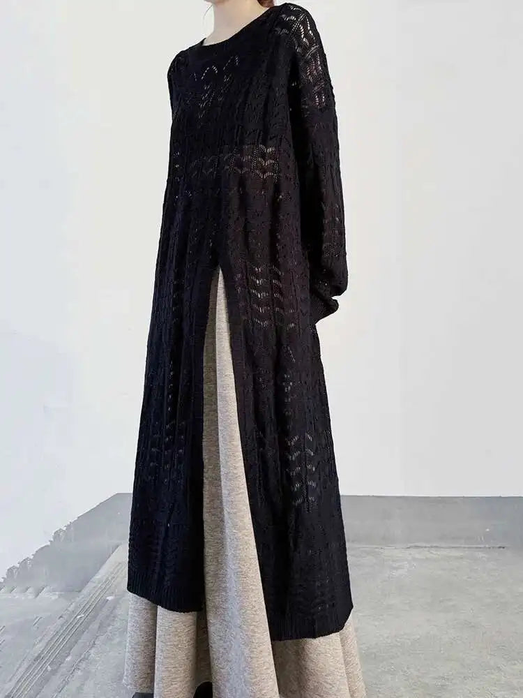 Women Black Big Size  Hollow Out Long Sweater Dress New Round Neck Long Sleeve Fashion Tide Spring Autumn 2025 1DJ0404