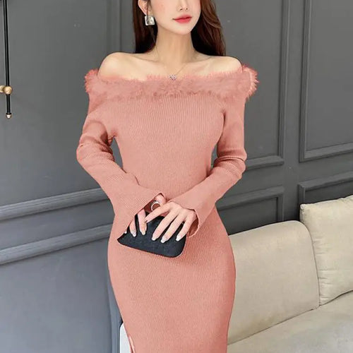 Load image into Gallery viewer, Women's Red Knitted Fur Neck Mini Dresses Female Autumn Winter Black Sexy Club Wrap Hip Versatile Pink Split Dress New 2023 Chic
