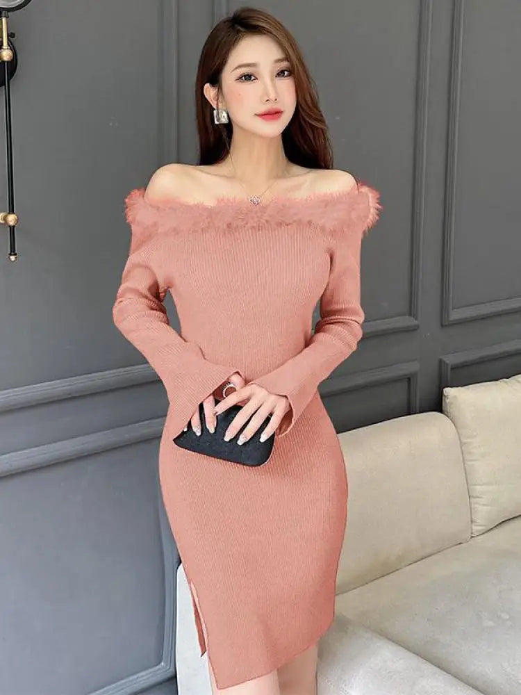 Women's Red Knitted Fur Neck Mini Dresses Female Autumn Winter Black Sexy Club Wrap Hip Versatile Pink Split Dress New 2023 Chic