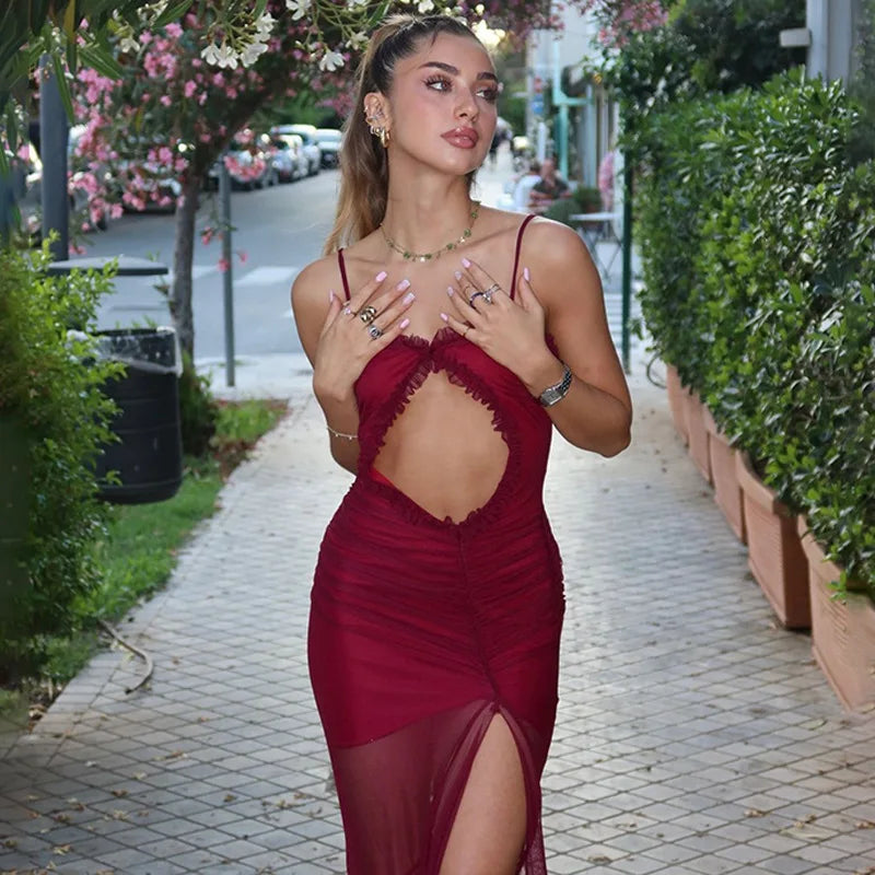 Hollow Out Backless Sexy Maxi Dress For Women Mesh Patchwork Spaghetti Strap Sleeveless Bodycon Sexy Long Dress