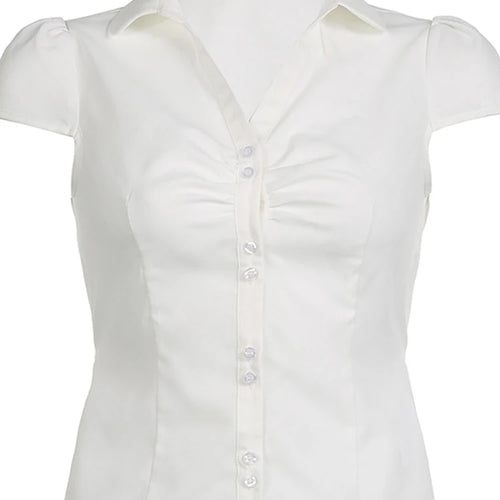 Load image into Gallery viewer, White Tie Up T Shirt y2k Women Short Sleeve Turn Down Collar Button Crop Top Vintage Harajuku Korean Tee Summer Casual
