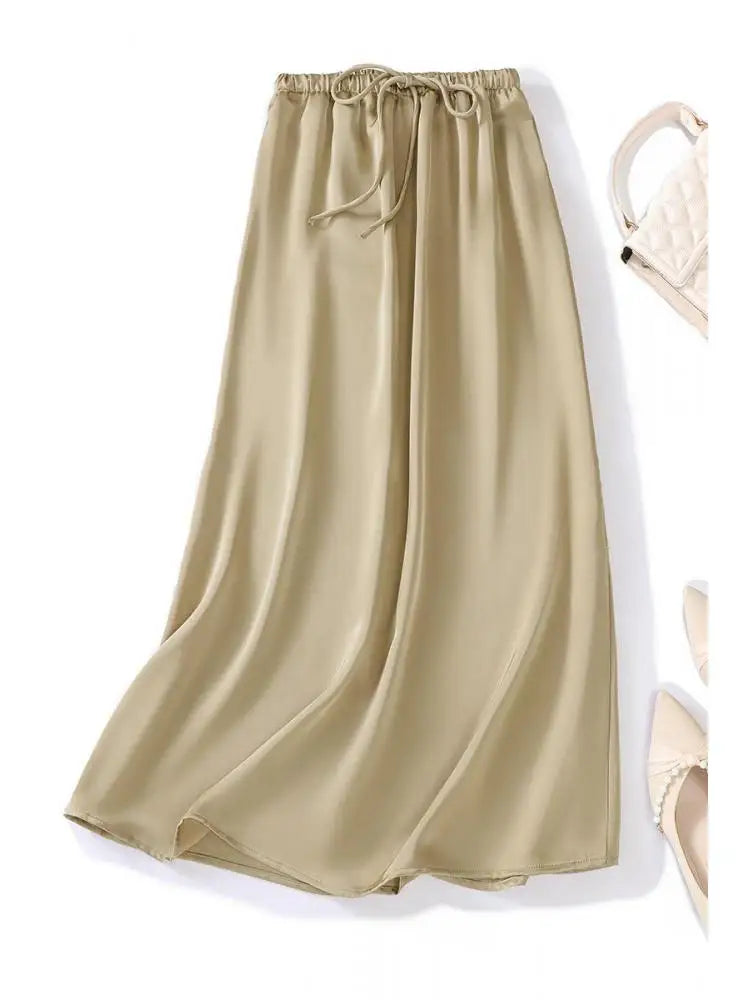 French Retro Solid Elegant Women Bandage Long Skirts Korean Fashion Pleated A-line Skirt Spring Autumn Office Wrapped Hip Skirt