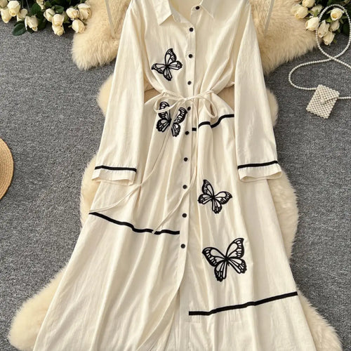 Load image into Gallery viewer, French Women Butterfly Embroidery Elegant Lace-up Shirt Long Dress 2025 Autumn New Retro Long Sleeved Button Holiday Party Dress

