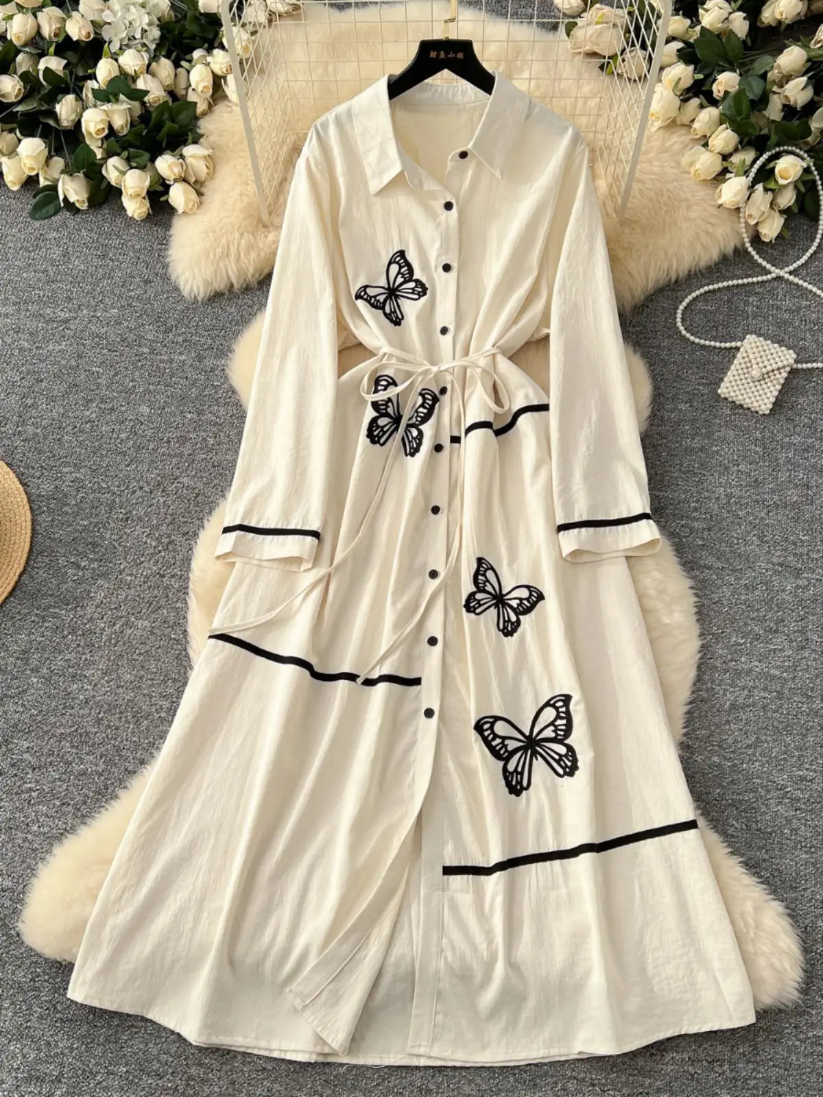 French Women Butterfly Embroidery Elegant Lace-up Shirt Long Dress 2025 Autumn New Retro Long Sleeved Button Holiday Party Dress