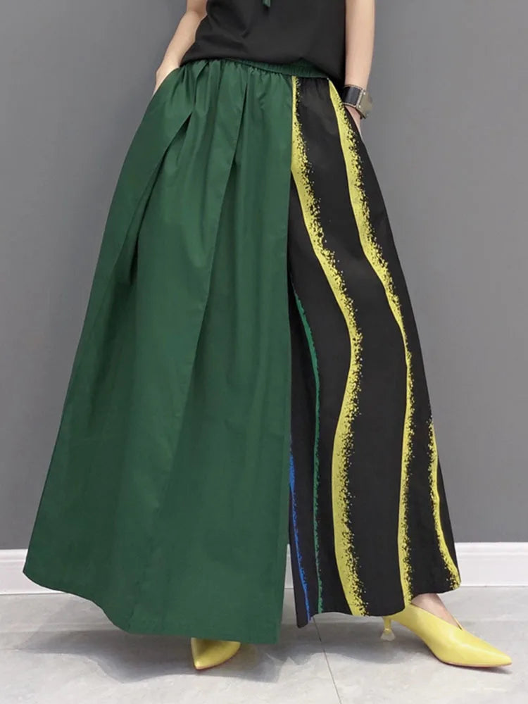 Women Green Striped Color-block Wide Leg Pants High Elastic Waist New Loose Trousers Fashion Spring Autumn 2025 1DF9205