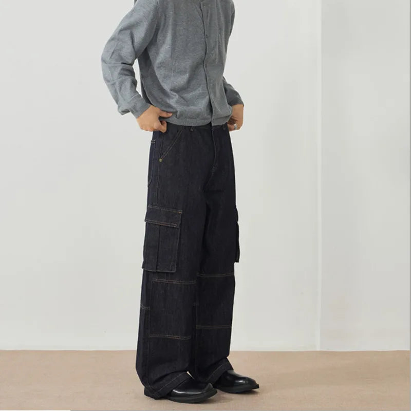 Men's Jeans New American Style Straight Leg Trendy Multi Pockets Line Design Splicing Male Summer Loose Bottoms 9W1900