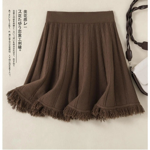 Load image into Gallery viewer, Korean Fashion Autumn Winter Women Solid Tassels Holiday Knitted Short Skirt Vintage High Waist A-line Pleated Half Skirts 2024
