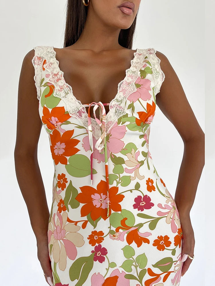 Floral Print Backless Maxi Dress For Women 2023 New V Neck Sleeveless Bodycon Long Dresses Ladies Elegant Sexy Dress