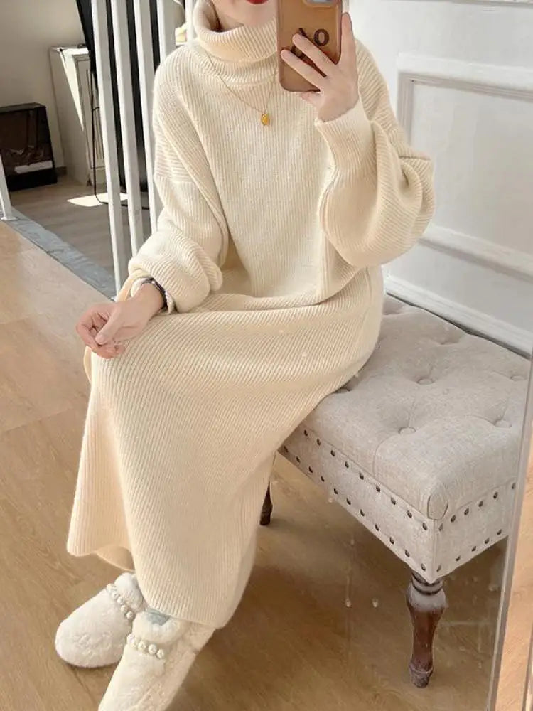 Fall Winter Knit Rib Wrap Midi Pencil Dress For Women Casual Simple Style Long Sleeve Turtleneck Sweater Dresses For Women 2023