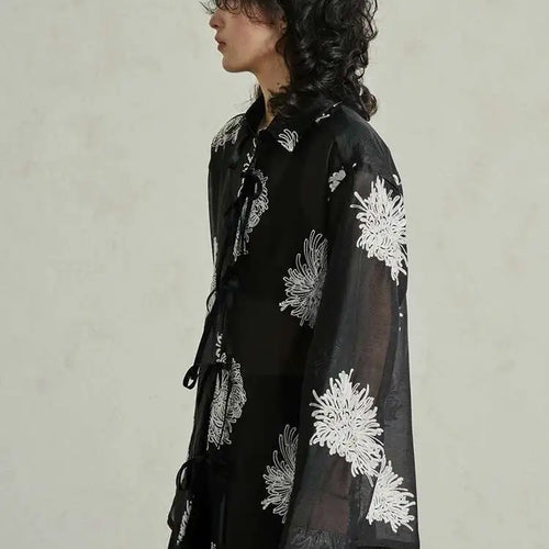 Load image into Gallery viewer, Women Black Printed Perspective Big Size Thin Blouse New Lapel Long Sleeve Shirt Fashion Tide Spring Autumn 2025 1DH4976
