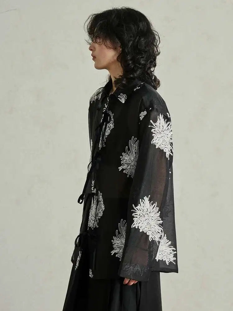 Women Black Printed Perspective Big Size Thin Blouse New Lapel Long Sleeve Shirt Fashion Tide Spring Autumn 2025 1DH4976