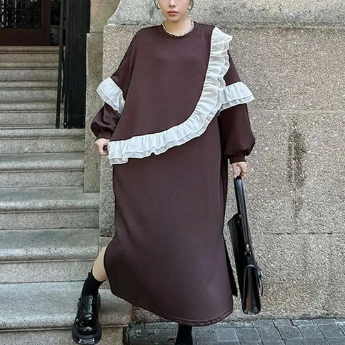Load image into Gallery viewer, Women Black Ruffles Spliced Big Size Long Casual Dress New Round Neck Long Sleeve Fashion Tide Spring Autumn 2025 1DH7701
