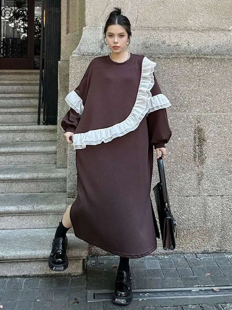 Women Black Ruffles Spliced Big Size Long Casual Dress New Round Neck Long Sleeve Fashion Tide Spring Autumn 2025 1DH7701