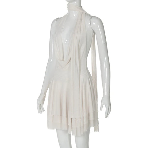 Load image into Gallery viewer, Halter Deep V Neck Backless Sexy Mini Dress For Women Robe Solid Sleeveless High Waist Ruffled Club Party Dress
