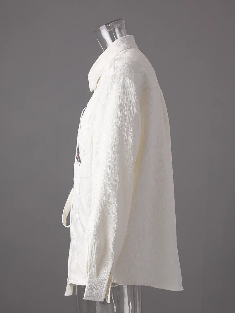 Women Beige Button Jacquard Bandage Big Size Blouse New Lapel Long Sleeve Shirt Fashion Tide Spring Autumn 2025 CPG3221