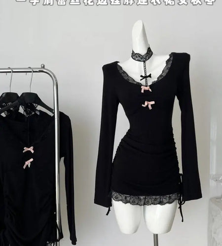 French Vintage Women Black Patchwork Lace Bow Halter Knit Short Dress Autumn Long Sleeve Drawstring Lace-up Pleated Party Dress