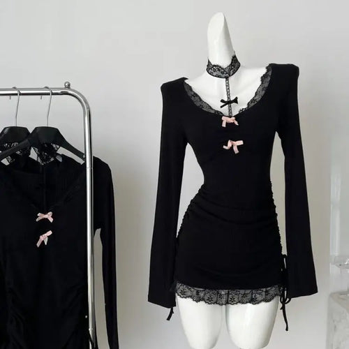 Load image into Gallery viewer, French Vintage Women Black Patchwork Lace Bow Halter Knit Short Dress Autumn Long Sleeve Drawstring Lace-up Pleated Party Dress
