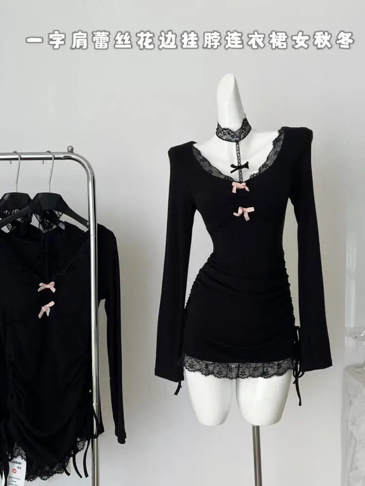 French Vintage Women Black Patchwork Lace Bow Halter Knit Short Dress Autumn Long Sleeve Drawstring Lace-up Pleated Party Dress