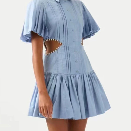 Load image into Gallery viewer, Solid Chic Dresses For Women Lapel Short Sleeve Single Breasted Hollow Out Spliced Ruffles Mini Dress Female Summer Clothing
