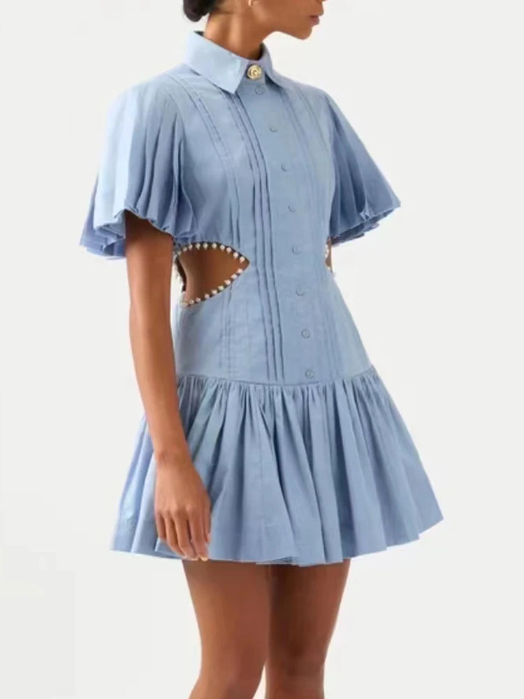 Solid Chic Dresses For Women Lapel Short Sleeve Single Breasted Hollow Out Spliced Ruffles Mini Dress Female Summer Clothing