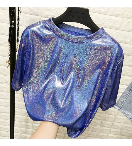 Summer retro style stylish bright silk woman tops shiny loose short sleeve t-shirt sexy club aesthetic harajuku women tshirt