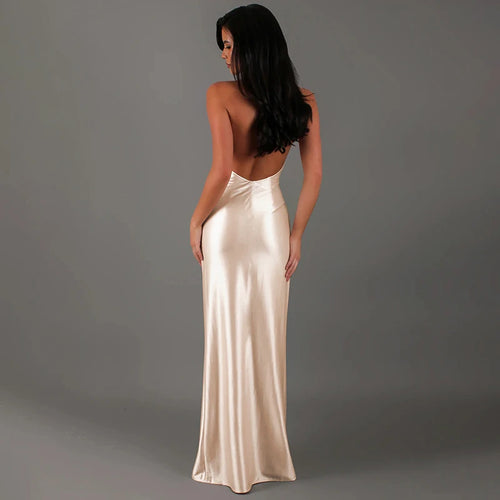 Load image into Gallery viewer, V-neck Sleeveless Neck-mounted Backless Ribbon Thigh Split Maxi Dress Women Elegant Sexy Evening Dress Ladies Outfits
