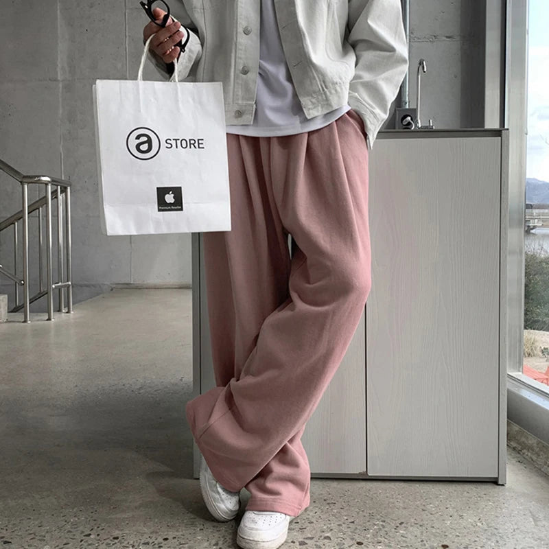 Simple Men's Casual Pants Pleated Solid Color Drape New Spring Loose Straight Trousers Wide Leg Male Bottom Korean 9C9308