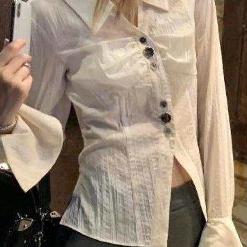 Load image into Gallery viewer, Y2k Aesthetic Pleated Flare Sleeve Women Blouse Sexy Single Breasted Slim Grunge Solid Shirt Harajuku Crop Streetwear Blusas
