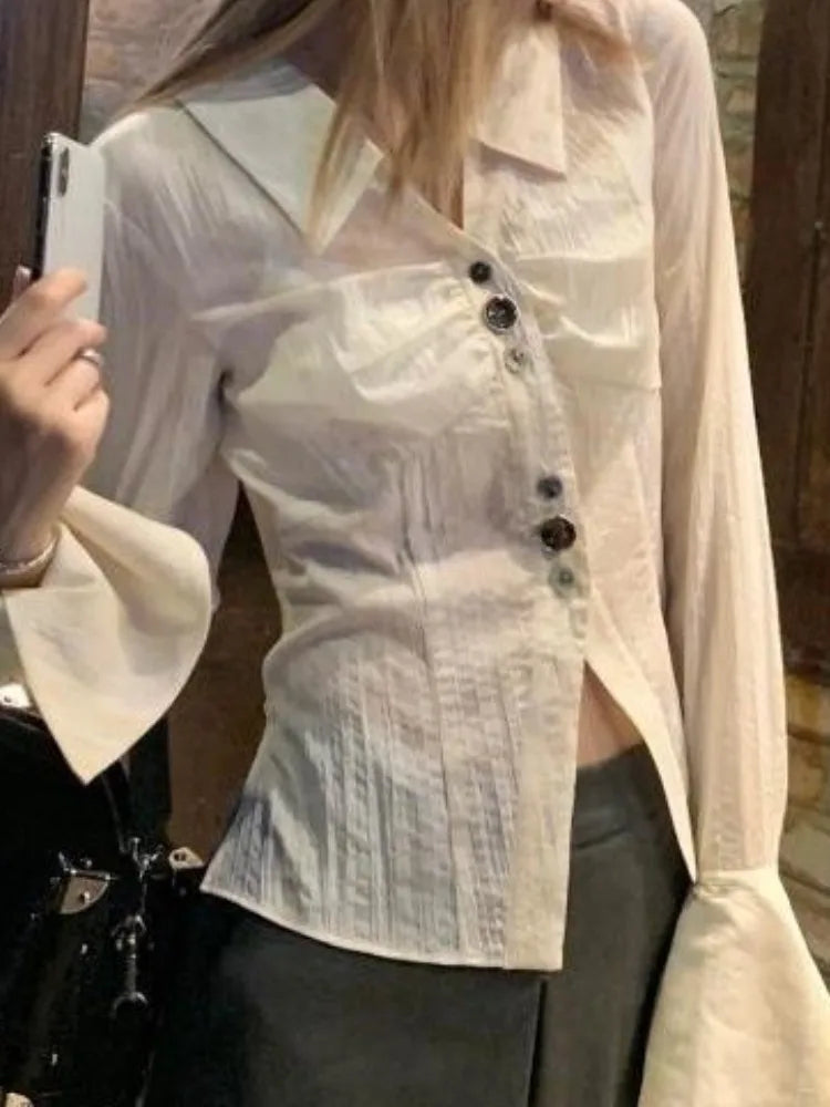 Y2k Aesthetic Pleated Flare Sleeve Women Blouse Sexy Single Breasted Slim Grunge Solid Shirt Harajuku Crop Streetwear Blusas