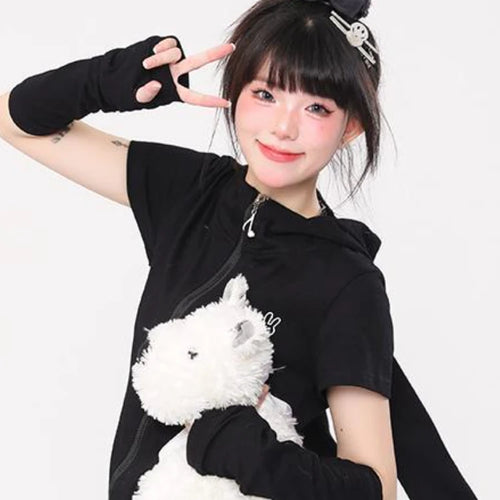 Load image into Gallery viewer, Kawaii Rabbit Black Printing T-shirts Y2k Aesthetic Slim Streetwear Zipper Tees Short Sleeve Fairy Harajuku Hoody Tops Women
