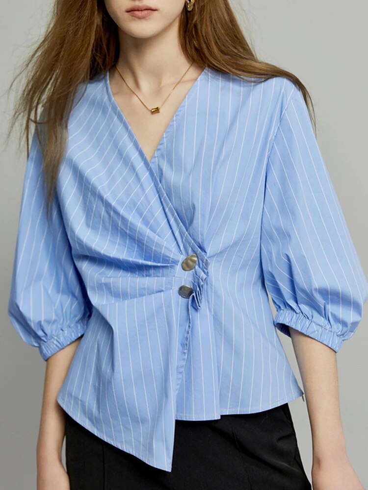 Patchwork Button Striped Shirts For Women V Neck Half Sleeve Slimming Tunic Casual Blouse Female Fashion Clothing