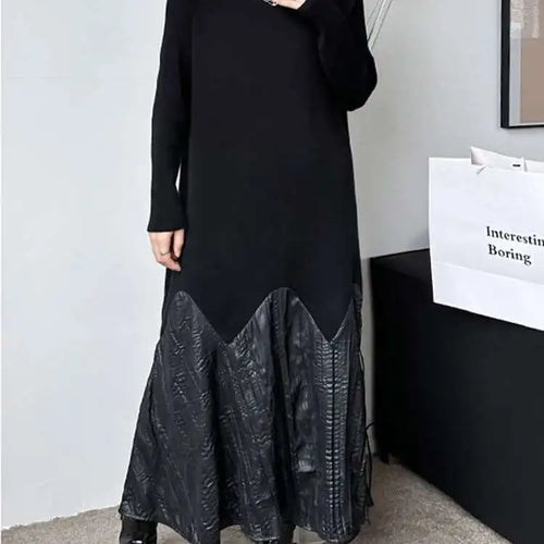 Load image into Gallery viewer, Women Black Knitting Pleated Big Size Long Dress New Turtleneck Long Sleeve Fashion Tide Spring Autumn 2025 1DH1599
