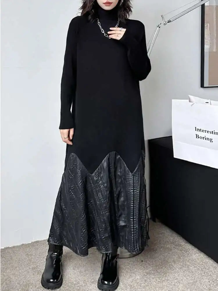 Women Black Knitting Pleated Big Size Long Dress New Turtleneck Long Sleeve Fashion Tide Spring Autumn 2025 1DH1599
