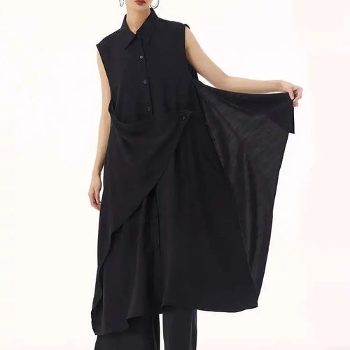 Load image into Gallery viewer, Women Khaki Irregular Spliced Big Size Midi Shirt Dress New Lapel Sleeveless Fashion Tide Spring Summer 2025 1DH9434
